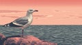 Seagull Perched On Rock: Mid-century Style Illustration In 8k Resolution
