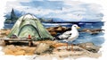 Digital Painting Of A Camping Tent With A Seagull By Bombacore