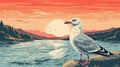 Vintage Poster Design: Seagull By Mountains With Risograph Gr 2710 Texture
