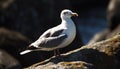 Seagull perching on cliff, wings spread, overlooking tranquil blue sea generated by AI Royalty Free Stock Photo