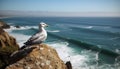 Seagull perching on rock, spread wings, horizon over water generated by AI Royalty Free Stock Photo