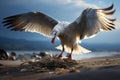 a seagull picking at litter on a sandy beach