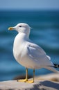 Seagull portrait against sea shore. Close up view of white bird seagull sitting by the beach. Wild seagull with natural Royalty Free Stock Photo