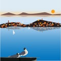 A seagull on the roof, a small town on a small island, lighthouses and mountains, a beautiful view of the sea. Vector image for de