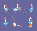 Seagull Sailor Character in Striped Vest and Hat Flying, in Love and Angling Fish with Catching Rod Vector Set Royalty Free Stock Photo