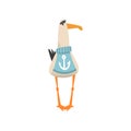 Seagull Sailor, Funny Bird Cartoon Character Wearing Blue Sweater with Anchor, Front View Vector Illustration