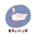 Seagull-sailor illustration with hand drawn lettering. Can be used for print like a poster. Vector illustration.