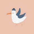 Seagull in a sailor hat hand drawn vector illustration. Cute flying bird in flat style. Royalty Free Stock Photo