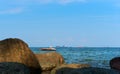 Rocky seashore, Seagull in the sea stands on a stone Royalty Free Stock Photo