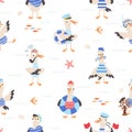 Seagull seamless pattern. Funny cartoon seagulls print template. Design for fabric wrapping webpage backdrop. Seabirds