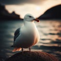 Seagull sits perched on a rock at shoreline Royalty Free Stock Photo