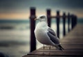 seagull sits on a pier by the sea.