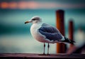 seagull sits on a pier by the sea.