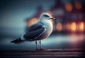 seagull sits on a pier by the sea.