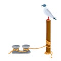 Seagull sits on a pillar that stands on a pier, cartoon illustration, isolated object on white background, vector