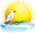 Seagull sitting on a bottle with a message floating over the ocean waves in the background of the sun. Bright pretty icon