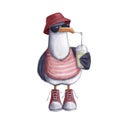 Seagull in sneakers with mojito, watercolor illustration, summer clipart with cartoon character