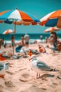A seagull standing on a beach next to a group of people. Generative AI image. Royalty Free Stock Photo