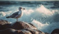 Seagull standing on rock, freedom in nature generated by AI