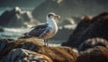Seagull standing on rock, looking at sea generated by AI