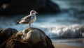 Seagull standing on rock at water edge generated by AI