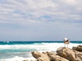 Seagull watching the waves breaking from coast Royalty Free Stock Photo