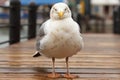 a seagull standing on a wooden walkway