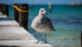 A seagull stands on jetty, watching waves generated by AI Royalty Free Stock Photo