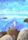 The seagull stands on a stone on the seashore. Children`s drawing