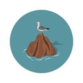 Seagull on a stone on a white background. An image of a gull in a cartoon style. Seascape