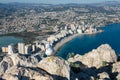 Seagull on top of the Penon   Ifach rock. View over Calpe Calp town, Spain Royalty Free Stock Photo