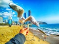 The seagull trying to eat a Saeukkang snack Royalty Free Stock Photo