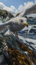 Seagull, with white feathers and black stripes on its wings, yellow beak and feet flying over an ocean pier. Royalty Free Stock Photo