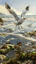 Seagull, with white feathers and black stripes on its wings, yellow beak and feet flying over an ocean pier. Royalty Free Stock Photo