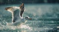 A seagull with wings spread landing on water surface, AI Royalty Free Stock Photo
