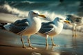 seagulls on the beach against the background of the sea, summer day , generative ai Royalty Free Stock Photo