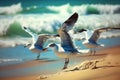 seagulls on the beach against the background of the sea, summer day , generative ai Royalty Free Stock Photo