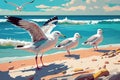 seagulls on the beach against the background of the sea, summer day , generative ai Royalty Free Stock Photo