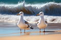 seagulls on the beach against the background of the sea, summer day , generative ai Royalty Free Stock Photo