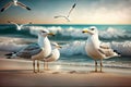 seagulls on the beach against the background of the sea, summer day,Generative AI Royalty Free Stock Photo