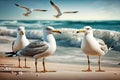seagulls on the beach against the background of the sea, summer day,Generative AI Royalty Free Stock Photo