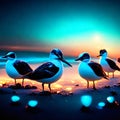 seagulls on the beach in the evening, beautiful photo digital picture AI generated