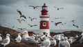 seagulls on the beach lighthouse is surrounded by a bunch of seagulls