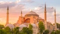 Seagulls fly around hagia sophia mosque at sunset in istanbul Royalty Free Stock Photo