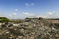 Seagulls fly over piles of garbage. A bulldozer tractor works at a large landfill near Kyiv, Ukraine. May 2016