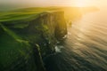 Seagulls flying above rough sea cliffs in scenic Irish landscape. Wild birds of west coast of Ireland, dramatic sunset