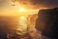 Seagulls flying above rough sea cliffs in scenic Irish landscape. Wild birds of west coast of Ireland, dramatic sunset