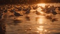 Seagulls flying at dusk over tranquil waters, backlit by sunset generated by AI Royalty Free Stock Photo