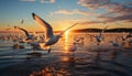 Seagulls flying freely, sunset paints nature beauty in yellow generated by AI Royalty Free Stock Photo