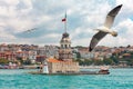 Seagulls flying near the historical Maiden`s Tower I Kiz Kulesi symbol of Istanbul located in Uskudar Salacak. Cityscape on the b Royalty Free Stock Photo